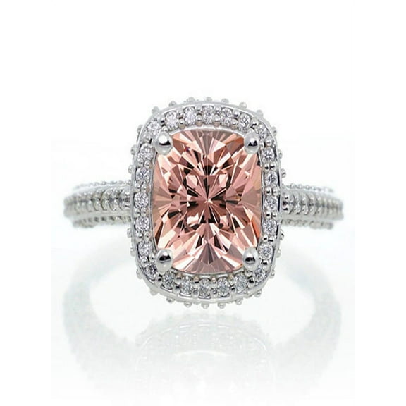 1.5 Carat Cushion Cut Designer Morganite and Diamond Halo Engagement Ring on 10k White Gold
