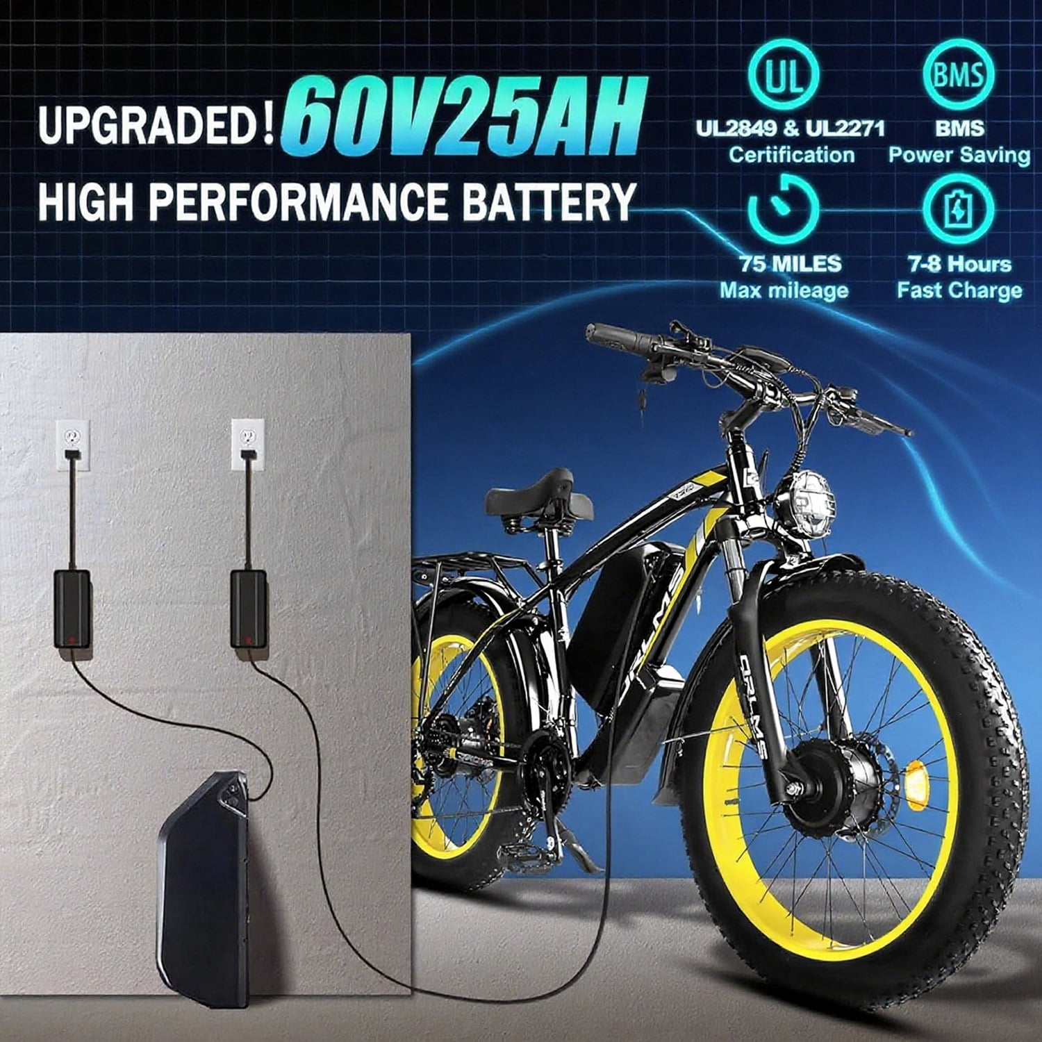 5000W Peak Dual Motor AWD Electric Bike, 60V 25AH 21-Speeds 45MPH 26" Fat Tire Mountain Snow E Dirt Bicycle