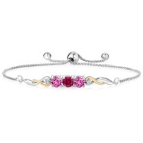 925 Sterling Silver and 10K Yellow Gold Red Created Ruby Pink Created Sapphire and Lab Grown Diamond Tennis Bracelet for Women (2.12 Cttw, Gemstone July Birthstone, Fully Adjustable up to 9 inch)
