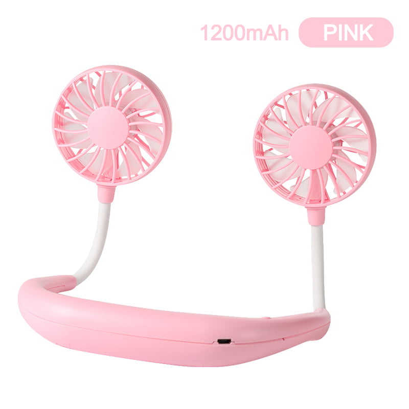 3 Speeds Cooler Fan Dual Wind Head for Traveling Outdoor Office Room Pink Hand Free Personal Fan Mini LED Portable USB Rechargeable Headphone Design Neckband Fan with Rainbow and White Light 