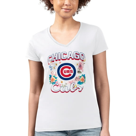 Women's G-III 4Her by Carl Banks White Chicago Cubs Super-Slim Fit Lightweight Flowers Graphic V-Neck T-Shirt