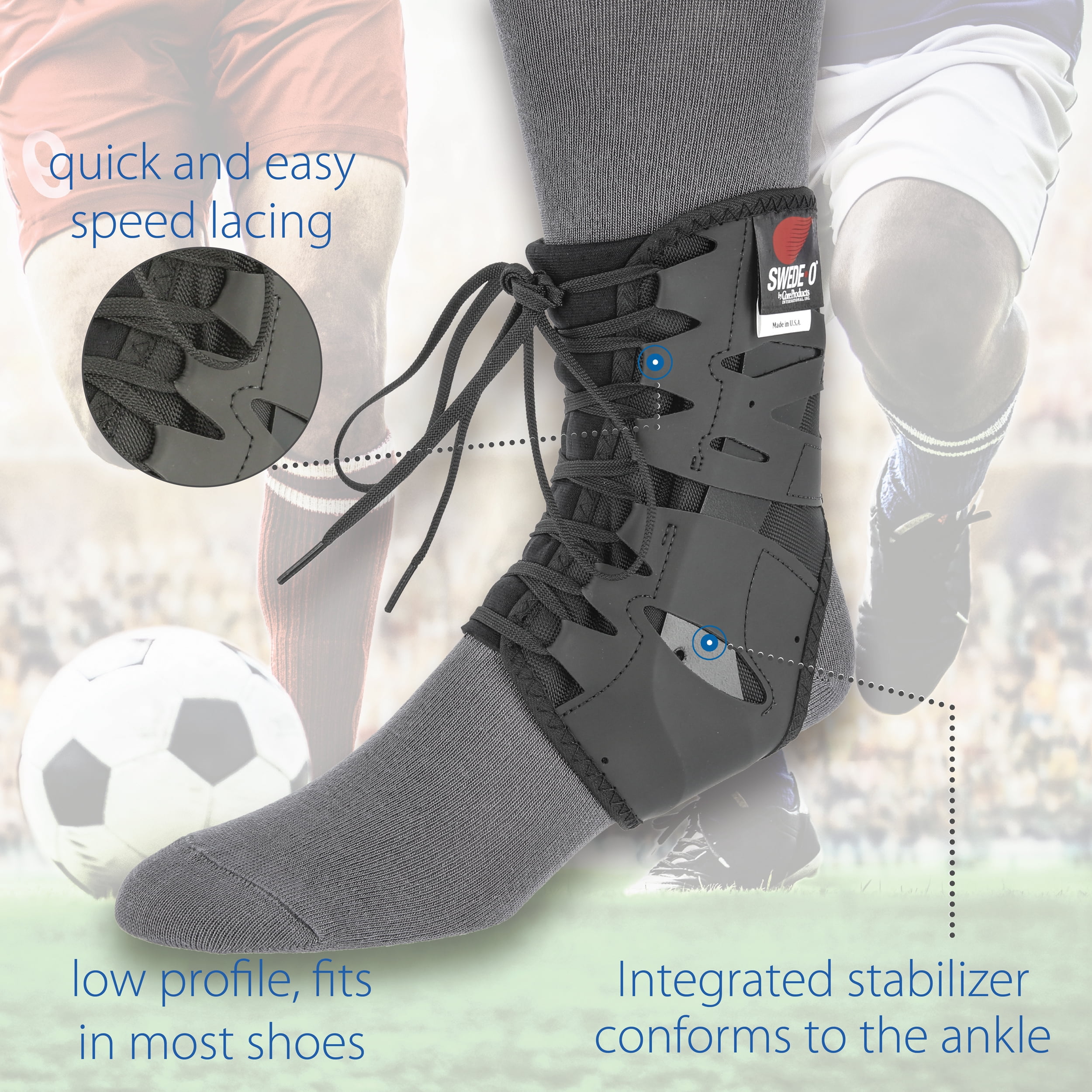 Swede-O Tarsal Lok Laced Ankle Brace, Semi-rigid Stabilizer, Form-fitted for Soccer, Football, Basketball, Black, XLarge