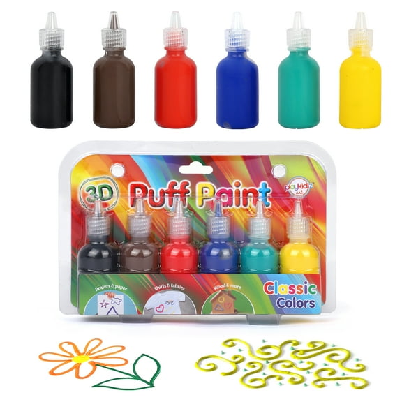 Playkidiz 3-D Art Puff Paint Classic Colors For Kids, 6 Pack Color Pack Squeeze Paint, Non Toxic Puff Paint Set, Washable Fabric Paint, Ages 3 .