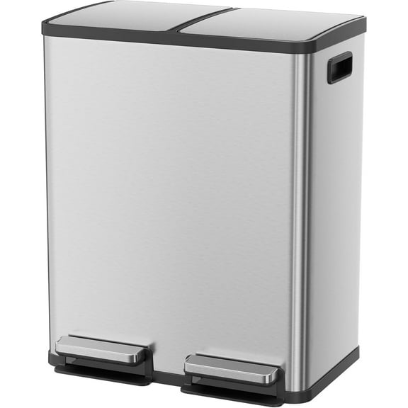 Kitchen Trash Can, 16 Gallon Garbage Can with Dual Inner Bins, 60 Liter Large Capacity Trash Can with Soft-Close Foot Pedal, Stainless Steel