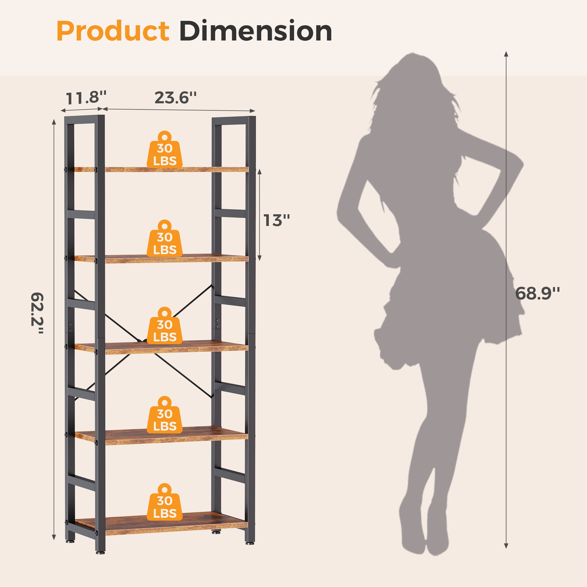 CONCETTA 5 Tier Bookshelf, Modern Bookcase Storage Organizer for Home Office, Rustic Brown