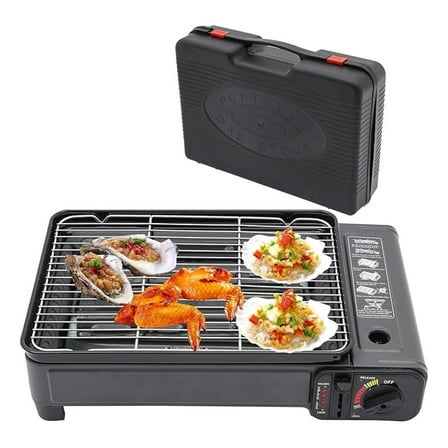 Portable Butane Grill, Tabletop Gas BBQ Grill - Adjustable Firepower, Mini Propane Grill with Carry Case & Oil Tray for Camping, Outdoor Cooking