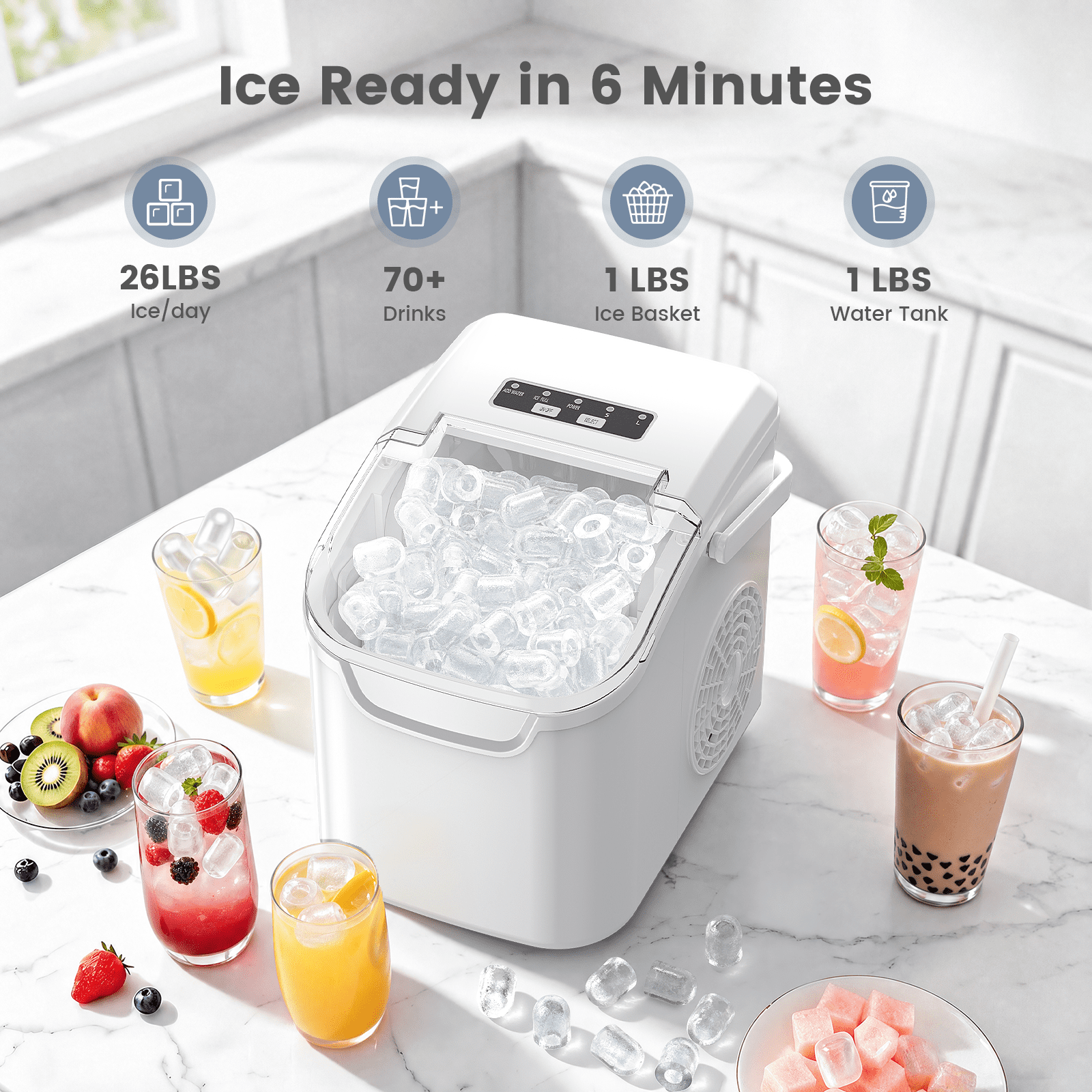 KNDKO Countertop Ice Maker Ice Machine With Handle,Self-Cleaning Ice Makers, 26Lbs/24H, 8 Ice Cubes Ready In 6 Mins For Home/Kitchen/Bar/Party/Camping