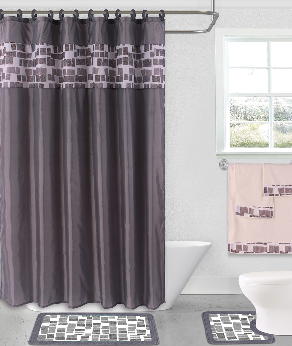 15-piece Hotel Bathroom Sets - 2 Non-Slip Bath Mats Rugs Fabric Shower  Curtain 12-Hooks GREY FRESCO - Walmart.com
