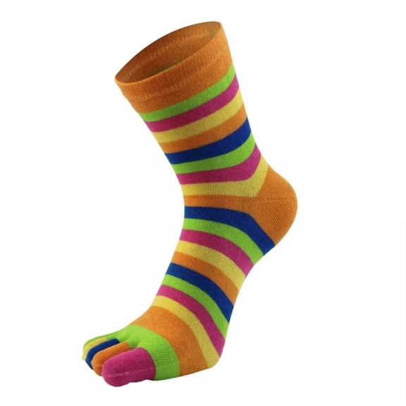 Rainbow Striped Pattern Toe Socks (Adult Medium - Women's Shoe Sizes 5-10) - Orange Accent