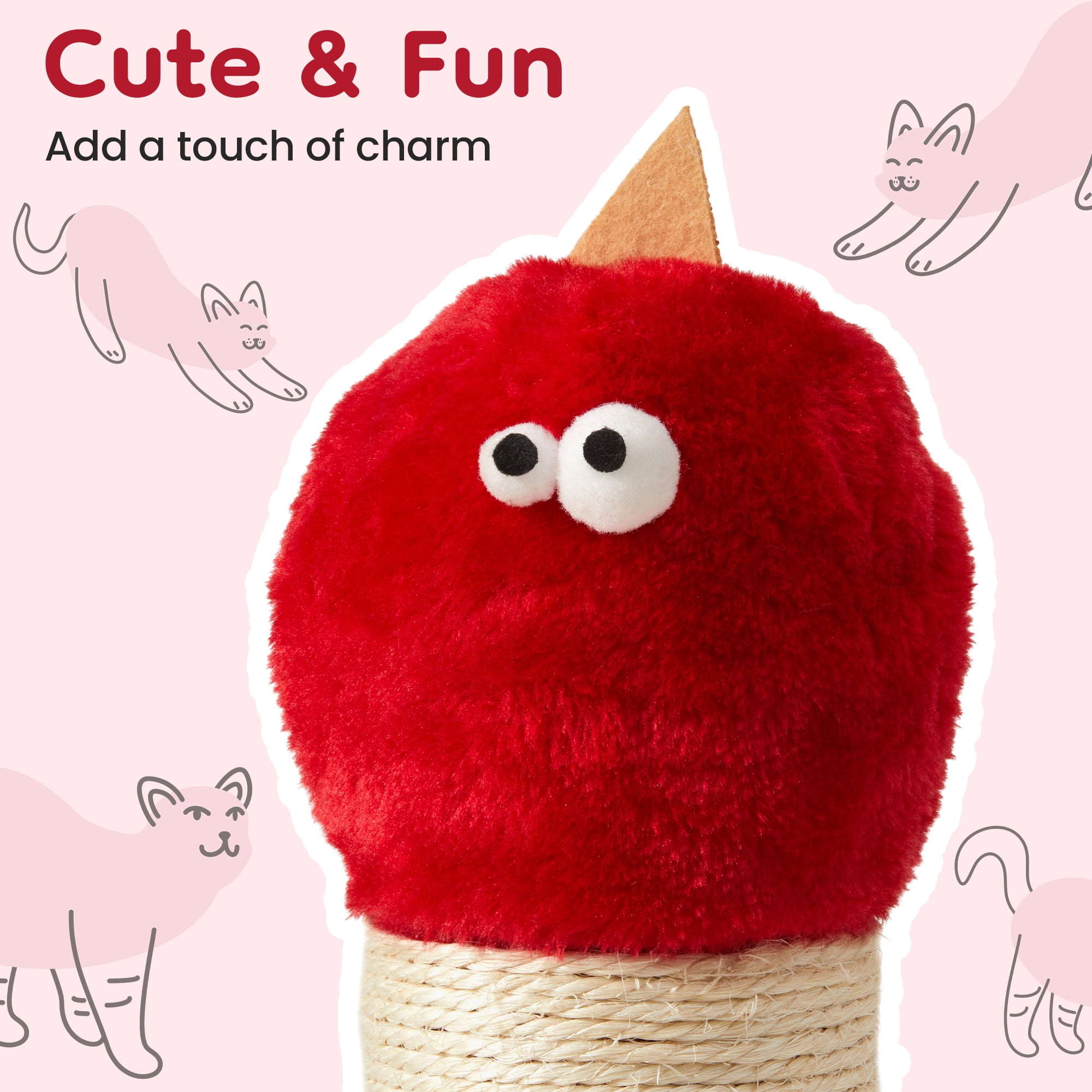 HEYNEMO 22" Cat Scratching Post, Sisal Cat Scratcher with Interactive Hanging Toy, Monster Scratch Pole for Indoor Cats, Cute Cat Scratch Post for Kittens & Large Cats, Red