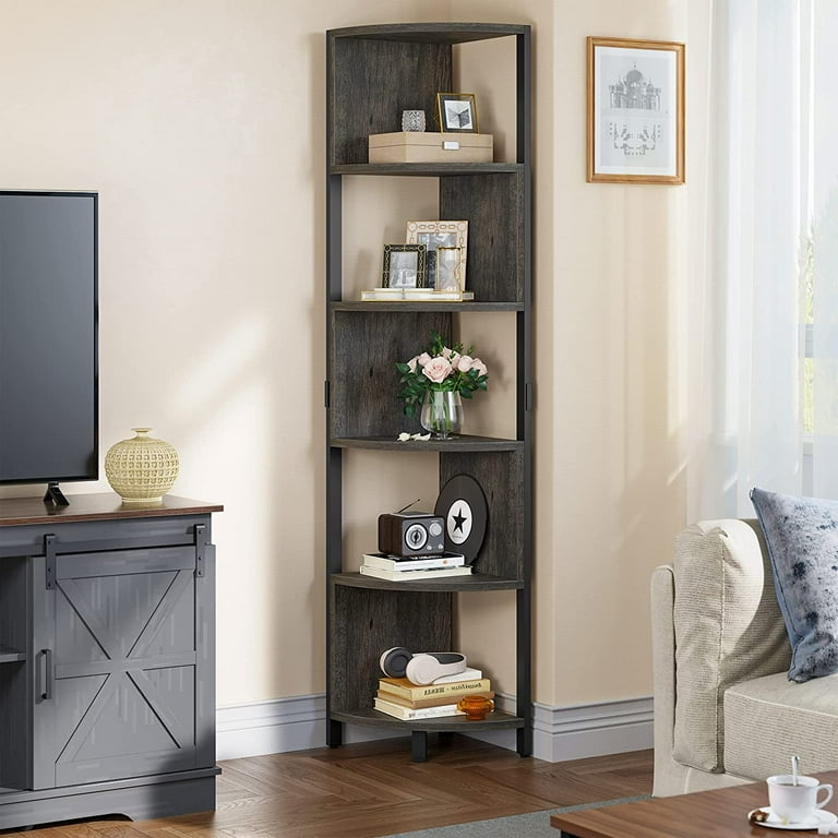 Dextrus 6Tiers Corner Shelf Bookshelf Industrial Small Corner Bookcase Plant Stand Wooden Corner Open Shelf Bookcase for Living Room Homefor
