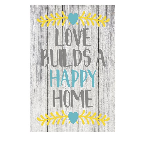 Love Builds A Happy Home Rustic Home Decor Metal Sign - Yellow and Blue - 12" x 8"