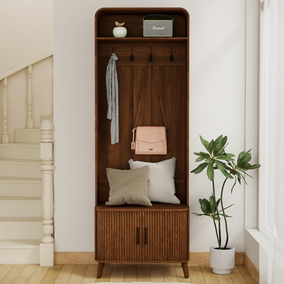 Diubas Hall Tree with Bench and Shoe Storage, 66.9" Entryway Narrow Hall Tree with 4 Hooks and 2 Fluted Doors for Hallway, Foyer, Walnut