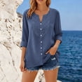 thumbnail image 4 of Ruimatai Women's Casual Lace Embroidered Blouses 3/4 Sleeve V Neck Button Down Linen Tops for Summer Daily Wear, 4 of 7