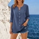 thumbnail image 5 of Craaazy Women's Casual V Neck Blouse, Solid Color 3/4 Sleeve Lace Detail Top, Loose Fit Comfy Button Down Shirt for Daily Wear Gifts, 5 of 7