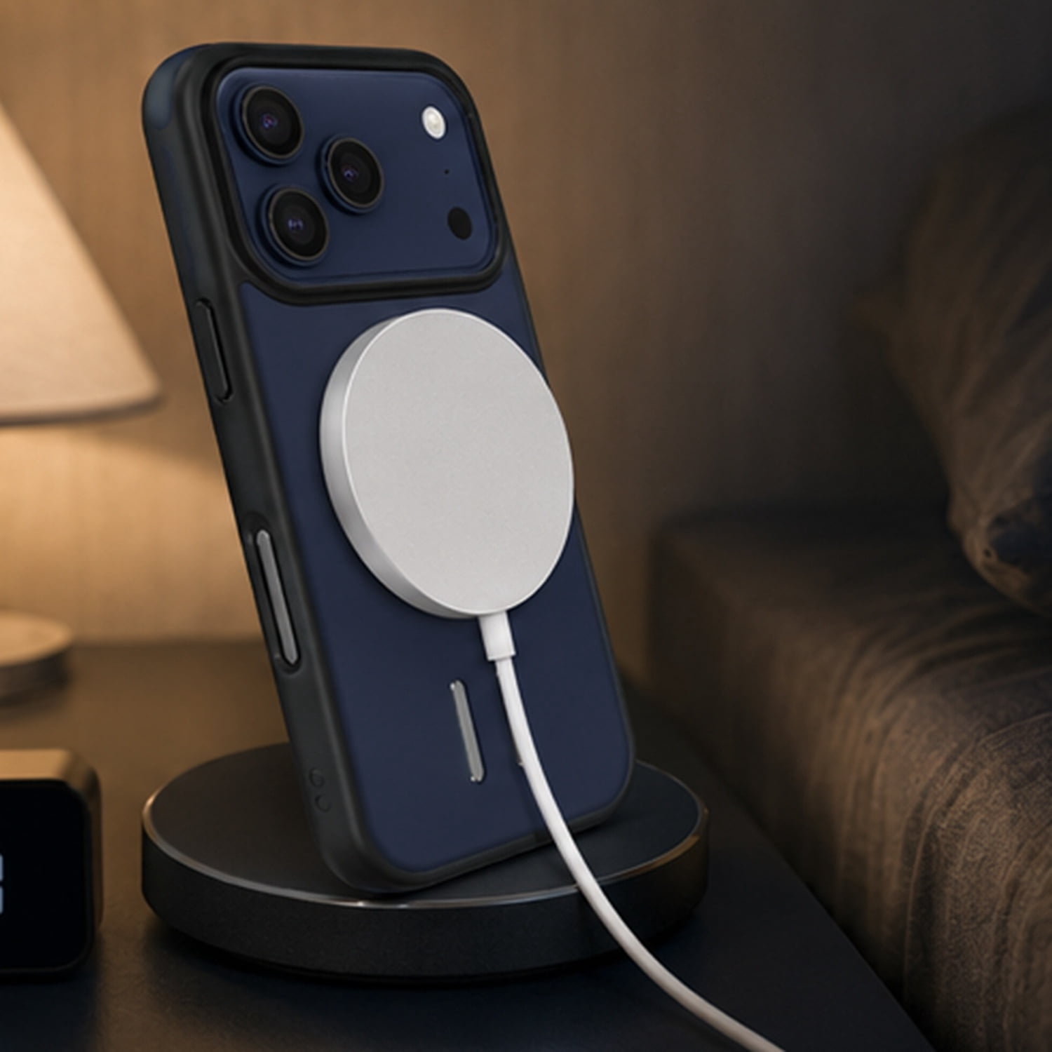 Leather Texture Protective Case Compatible with Wireless Charging for iPhone 17 Pro Max - Dark Blue