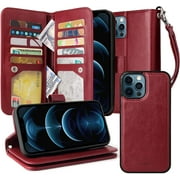 Magnetic Detachable Wallet Case [RFID Protection] [10 Card Pockets] [3 Money Pockets] Compatible for iPhone 12 Pro Max [6.7 Inch] - [Maroon]