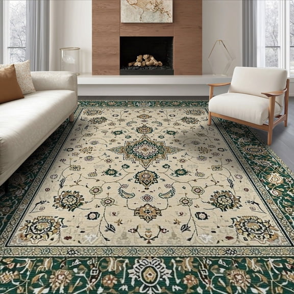 ODIKA 8'x10' Washable Area Rug Vintage Boho Faded Traditional Center Motif Distressed Border for King Size Bedroom Under Bed, Master Suite, Non-Shedding, Easy Care