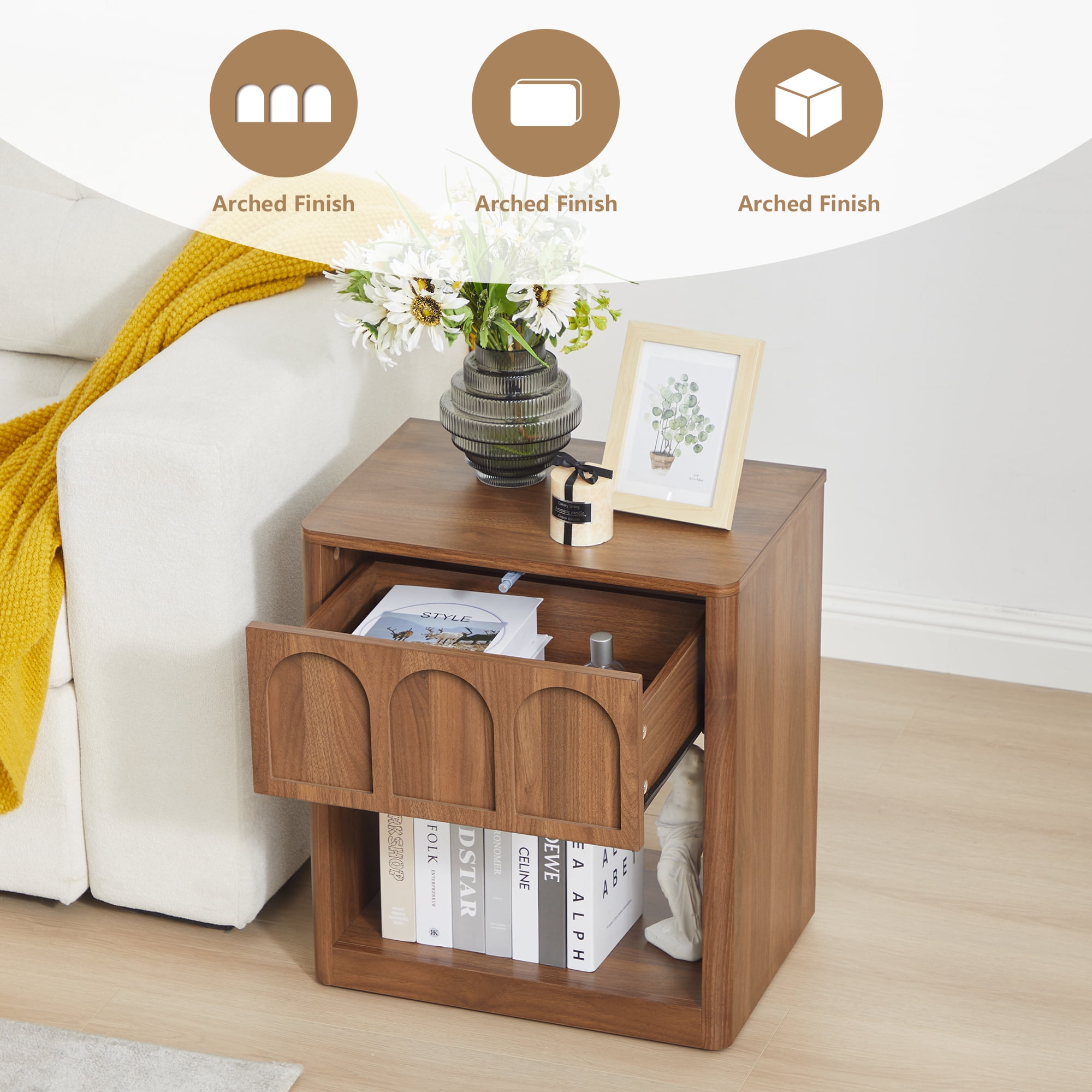 YOCWO Walnut Nightstand Set of 2 with Drawer for Bedroom, Wood Bedside Table with Arched Fluted