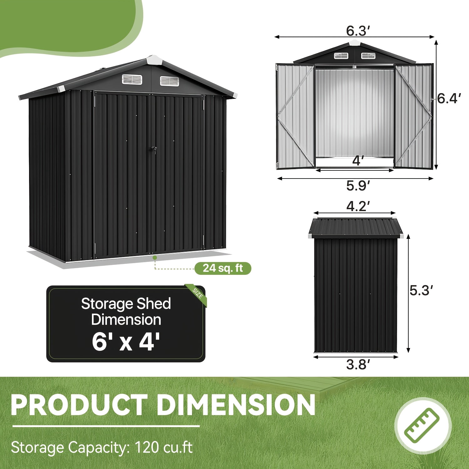 6x4 ft Outdoor Storage Shed With Door & Lock, Metal Sheds Storage Garden Shed For Backyard Garden Patio Lawn, Brown/Black