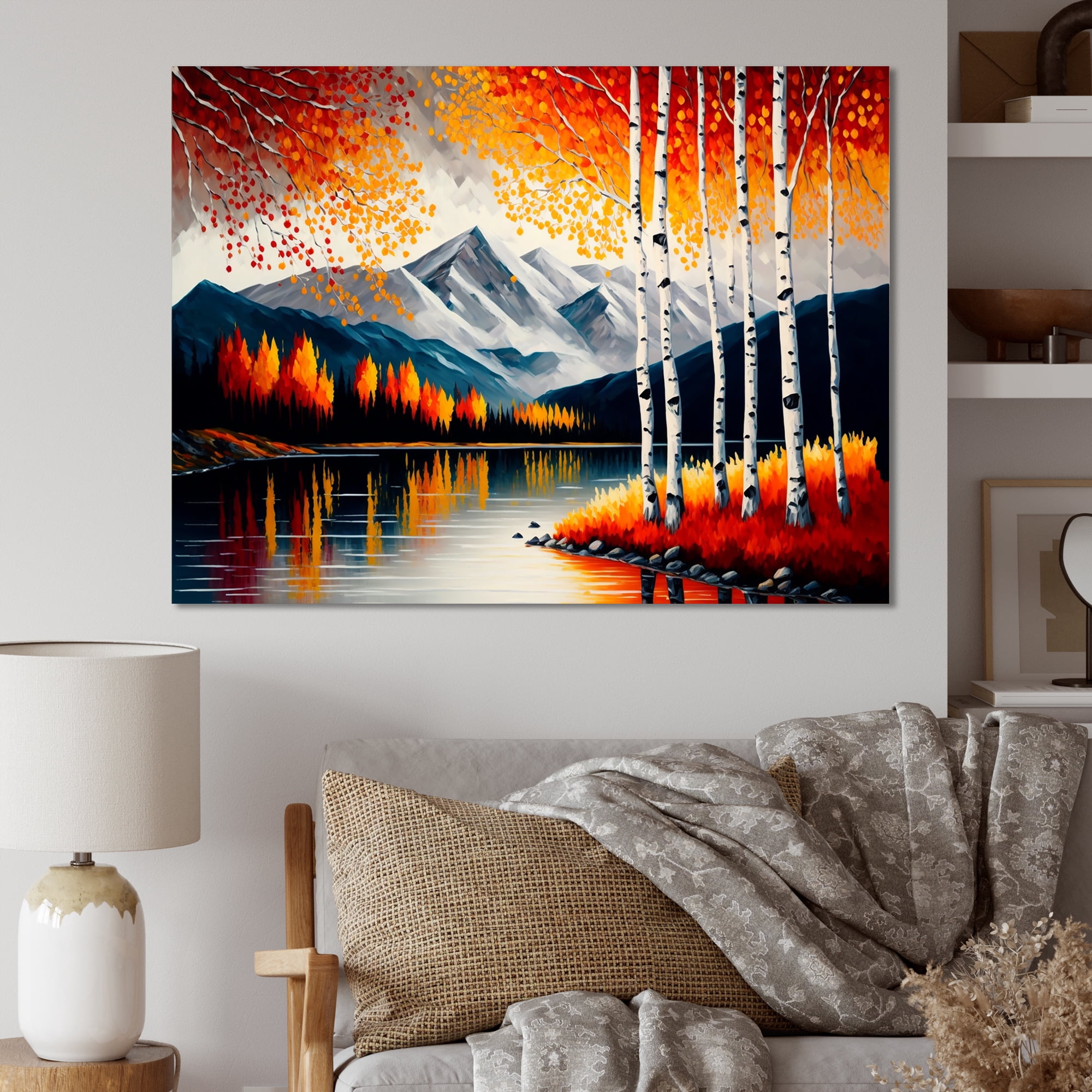 Designart Red And Orange Birch Trees By The Lake III Canvas Wall Art