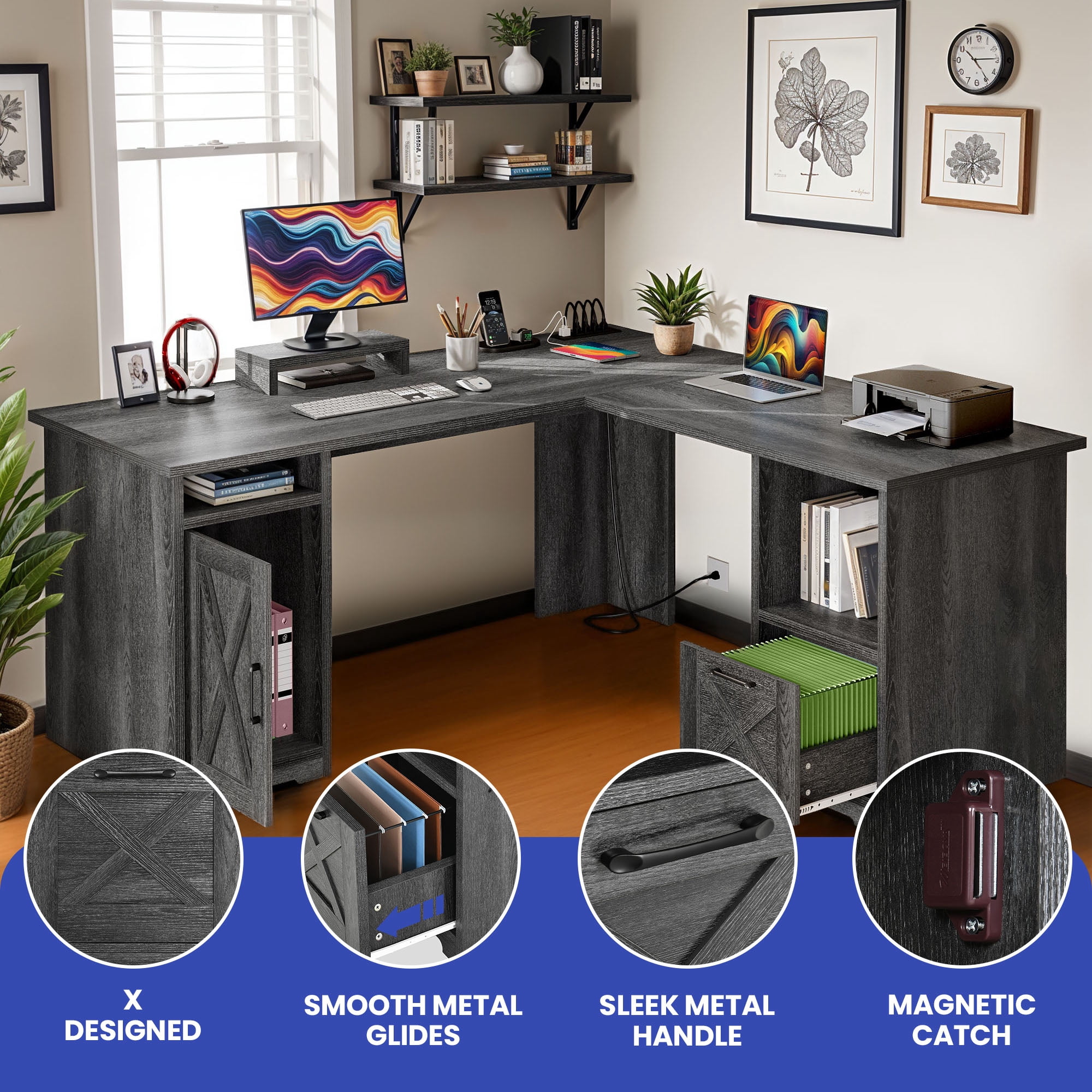 ModFusion 59 Inch L Shaped Corner Computer Desk with Power Outlets & USB Ports, Office Desk with File Drawer, Monitor Stand & Storage Shelves, Rustic Gray