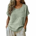 thumbnail image 2 of Craaazy Women Casual Loose Fit Blouse, Solid Color Short Sleeve Cotton Linen Top, Comfy Round Neck Tunic with Pocket for Daily Wear Gifts, 2 of 6