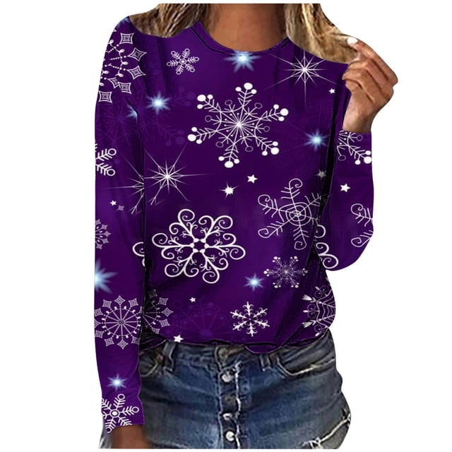 Pisexur Chandail de Noël pour Femmes à Col Rond, Chandail Graphique Amusant avec Flocon de Neige, Haut Décontracté à Manches Longues pour les Fêtes, Chandail Nightmare Before Christmas