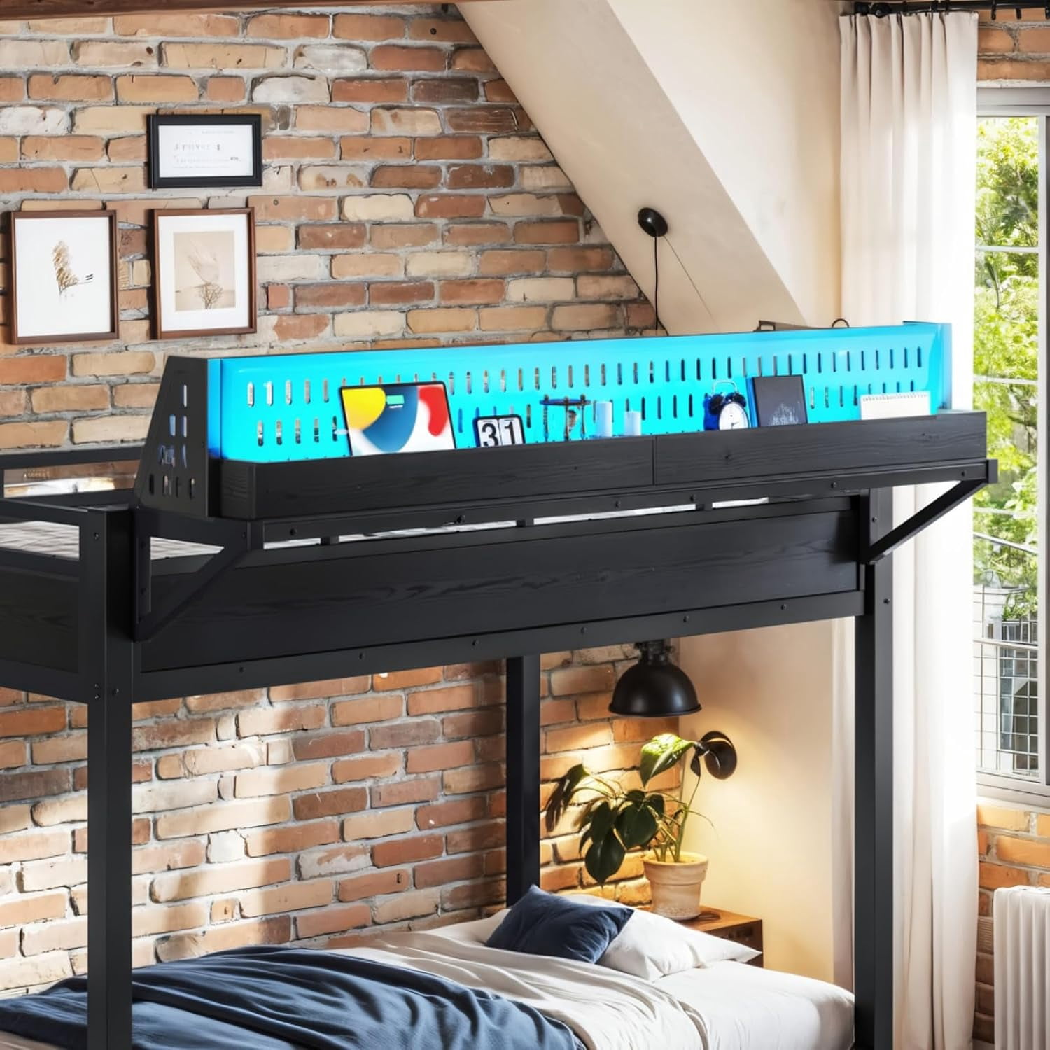 Twin XL over Twin XL Size Metal Bunk Bed with USB Ports & LED Lights, Storage Shelves, Black