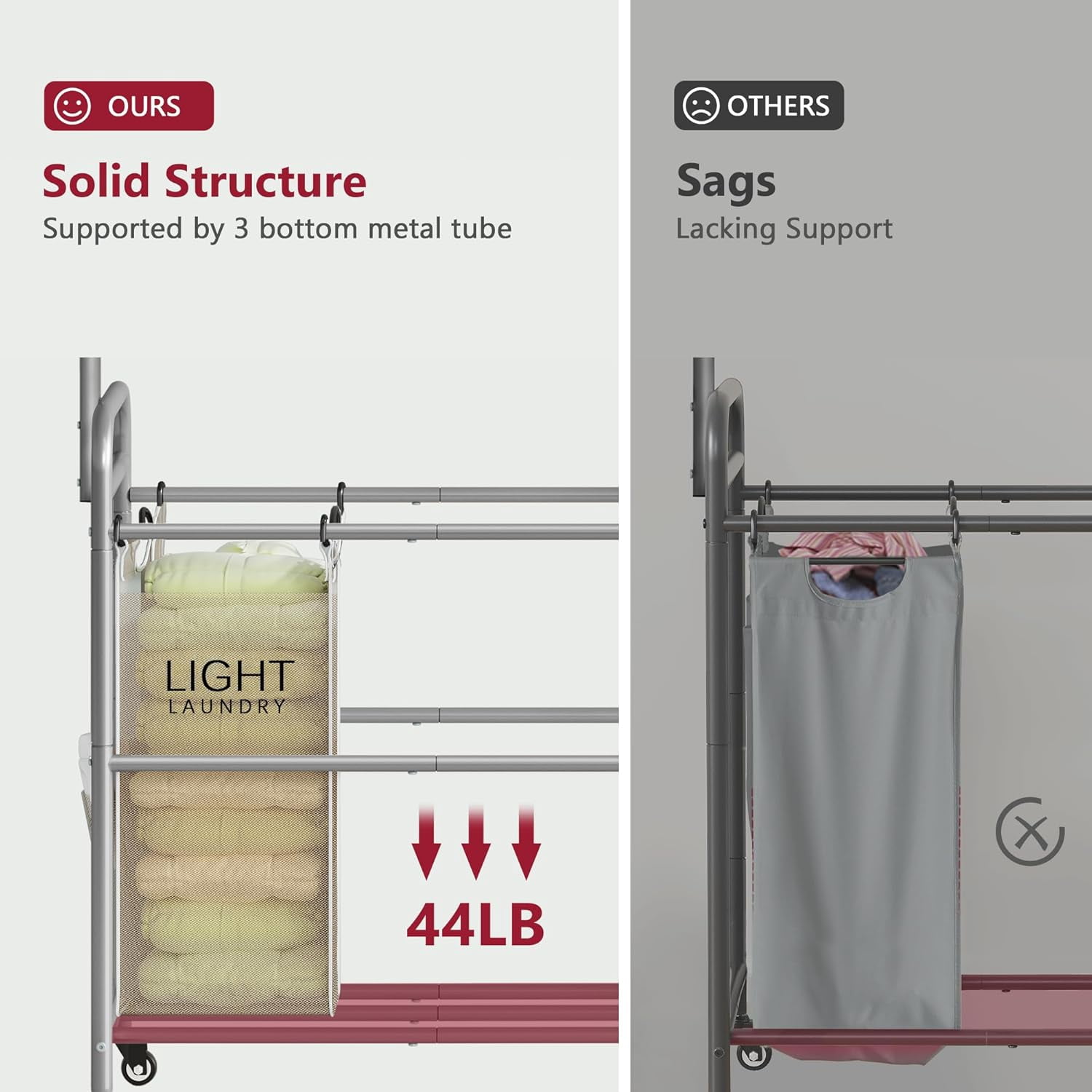 Laundry Sorter with Hanging Rack, 2 Section Rolling Laundry Hamper with Lockable Wheels and Removable Bag
