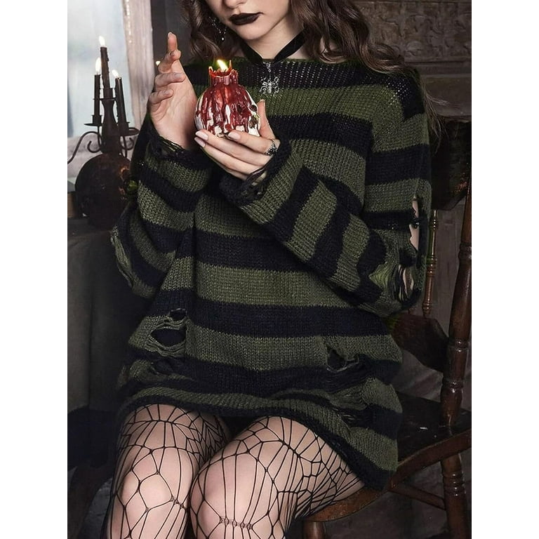 Elippeo Womens Grunge Loose Sweater Dress Stripe Print Ripped