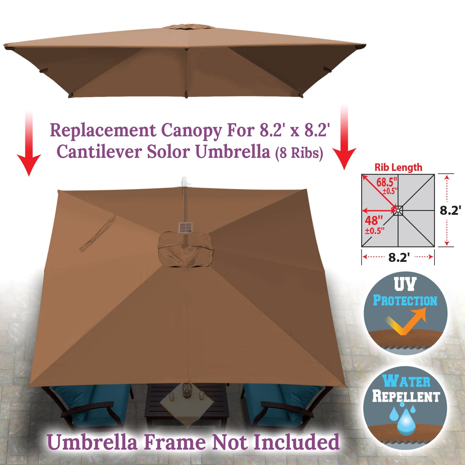 ALUVIERA Replacement Umbrella Canopy for 8.2ft x 8.2 ft 8 ribs