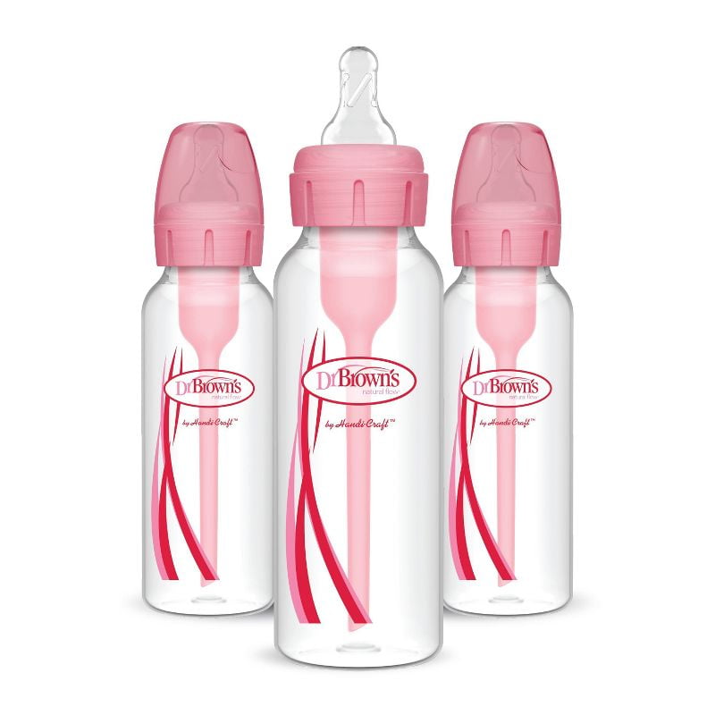 8oz Narrow Baby Bottles 3-Pack with Anti-Colic Design, BPA-Free Material and Level 1 Slow Flow Silicone Nipples for Newborn Feeding, Helps Reduce Gas and Colic, Pink