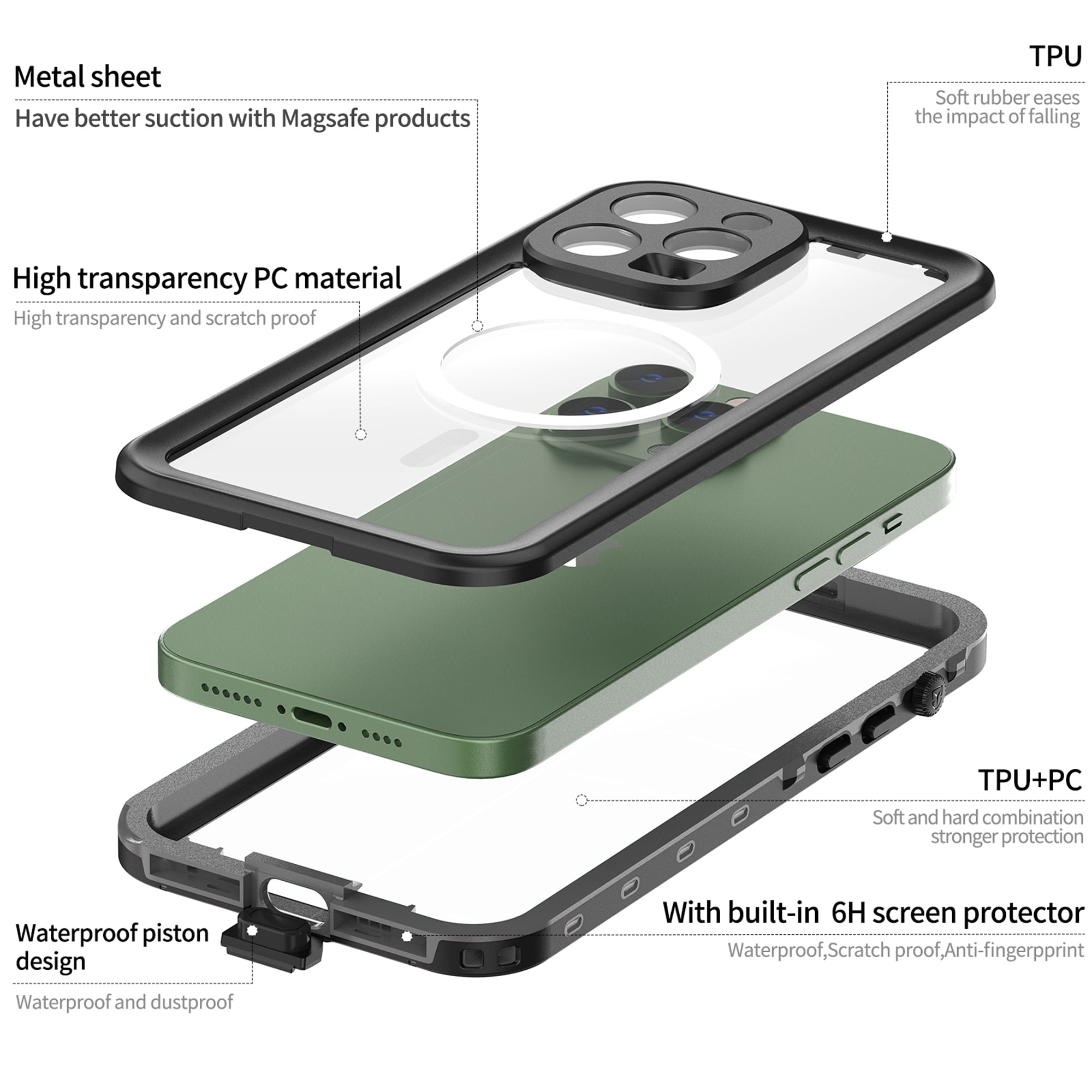 Dteck Compatible with MagSafe Accessory IP68 Waterproof Case for iPhone 16 Pro Max, Full Body Shockproof Rugged Case with Screen Protector for Apple iPhone 16 Pro Max 2024,Black