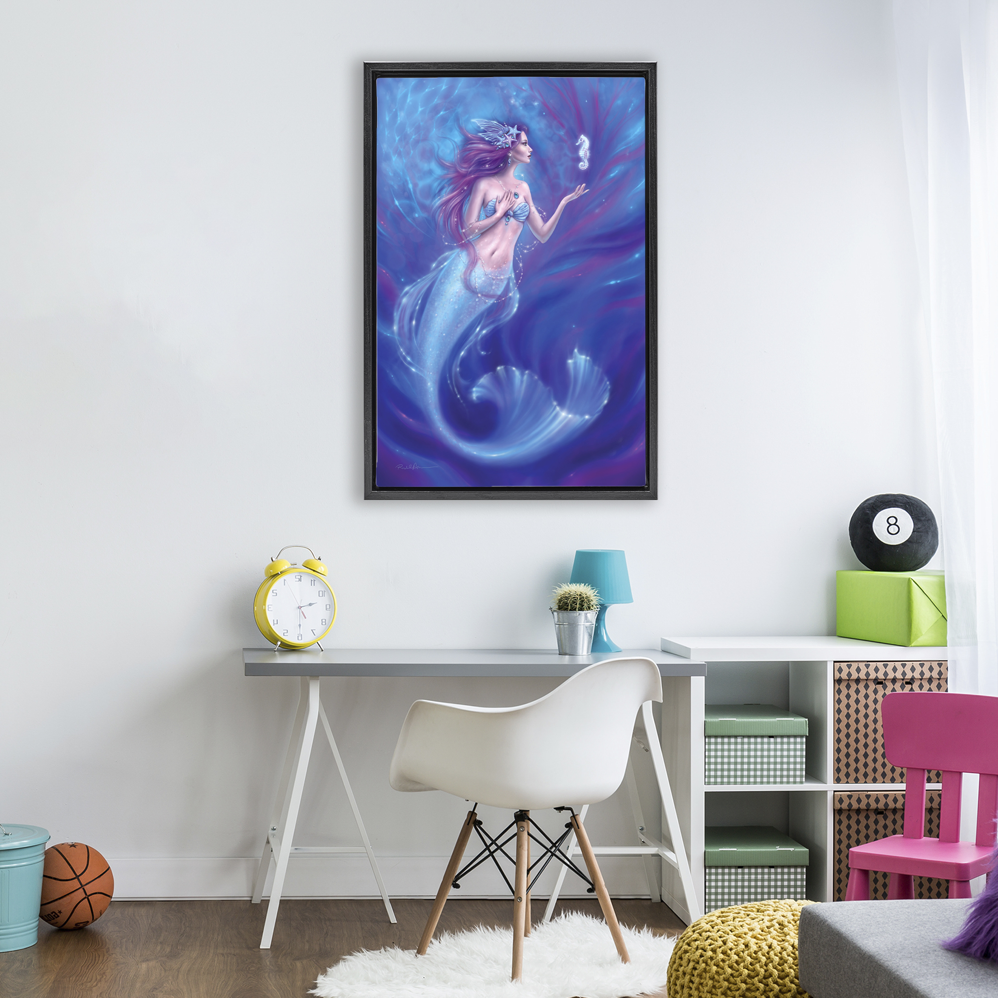 Jewel Bedecked Mermaid & Seahorse Black Framed Floater Canvas Wall Art, design by Rachel Anderson