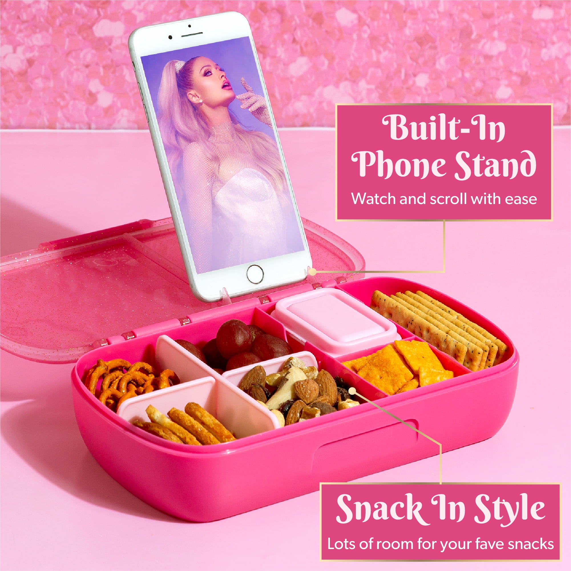 Paris Hilton Plastic Bento Box, Glitter Infused Lid, Customizable Compartments, Hot Pink