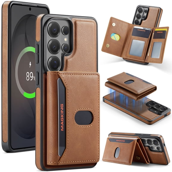 Moreoy Wallet Case for Samsung Galaxy S26 Ultra, Detachable Magnetic Phone Case with RFID Blocking Card Slots, Compatible with MagSafe Wireless Charging Accessories, Kickstand Cover,Brown