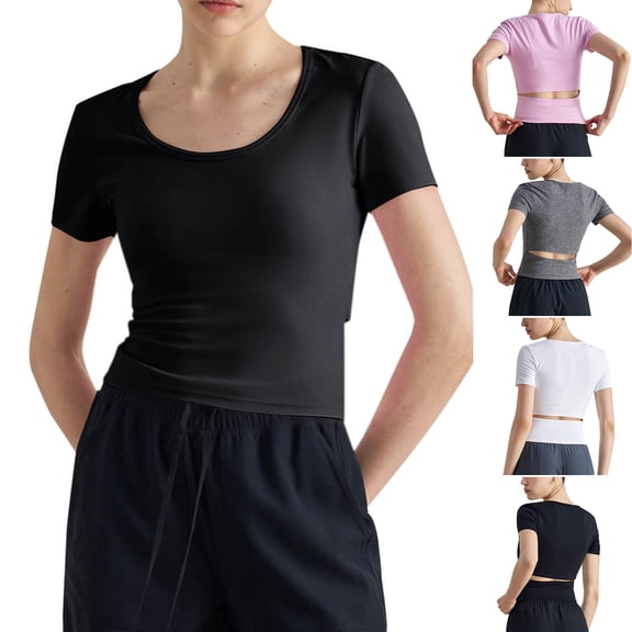 Felirenzacia Women's Athletic Yoga Top Open Back Slim Fitted Active T Shirt Active Gym Tee Shirt Black,L
