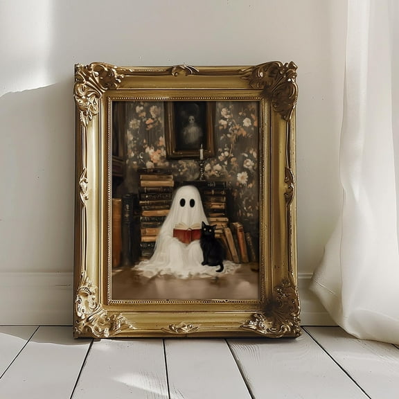 Ghost In A Library Canvas Poster Spooky Book Ghost And Cat Reading Print Wall Art Painting For Halloween Dorm Room Living Room Home Decor Unframed