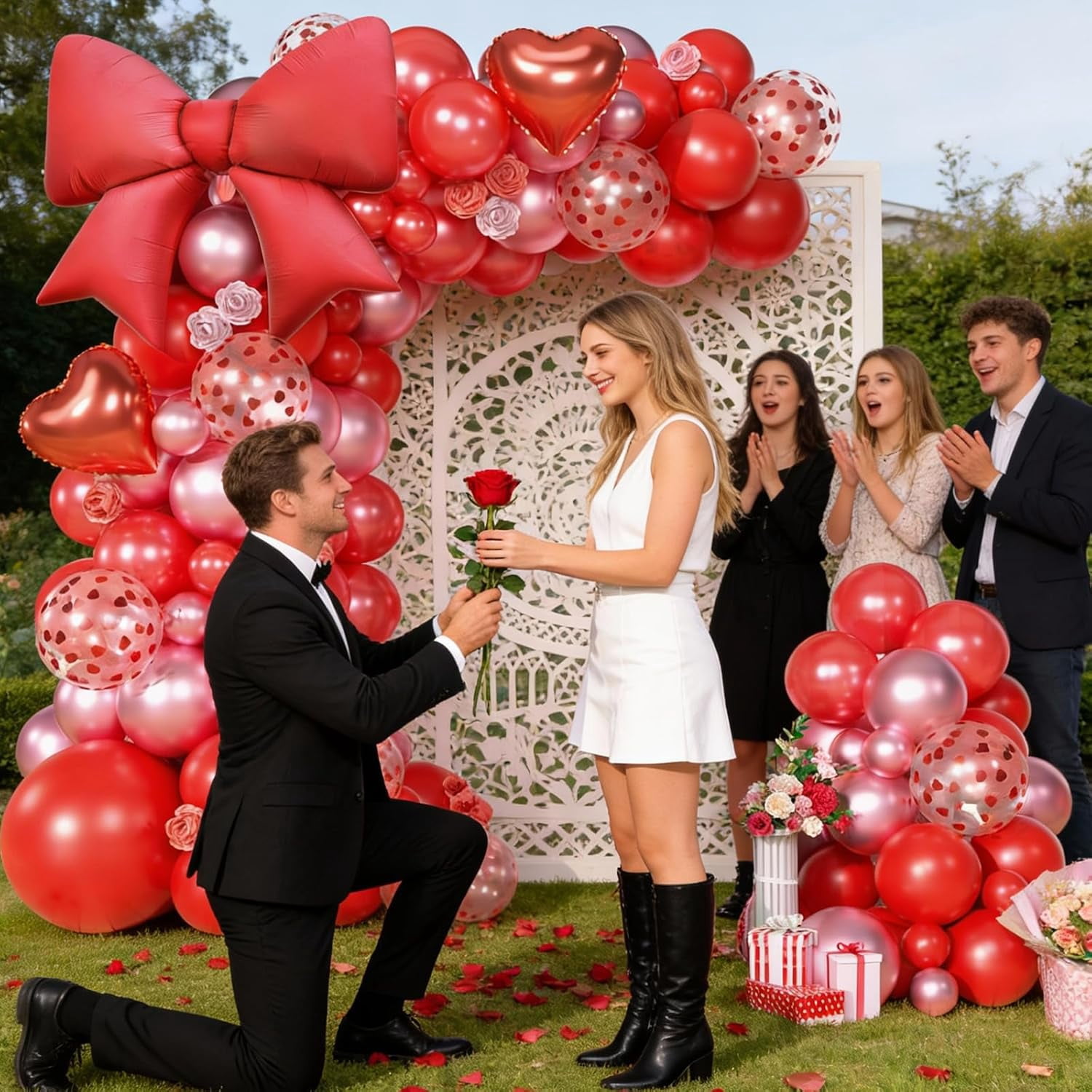 Red Balloons Arch Kit, Metallic Red Pearl Balloon Garland Arch, Heart Confetti Balloons Bow Heart Love Foil Balloon For Valentine's Day Birthday Party Wedding Engagement Decor