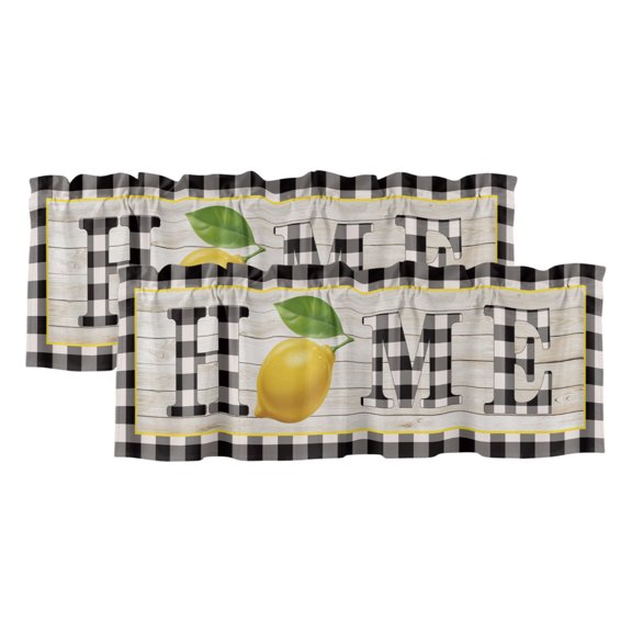 Summer Lemons HOME Valances for Window 2 Pack, Black White Buffalo Plaid Woog Grain Rod Pocket Curtains Valances Light Filtering Short Curtains for Kitchen Bedroom Bathroom 42 x 12 Inch