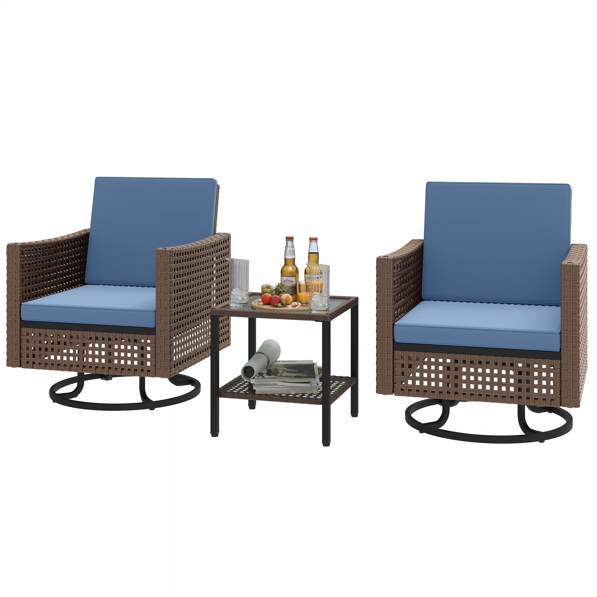 Uforic Patio Swivel Chairs, Outdoor Wicker Swivel Glider Rocking Chairs with Coffee Table and Thick Cushions for Porch Deck - Set of 3, Blue