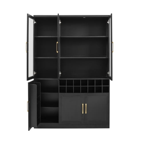 70.87" Tall Wine Bar Cabinet with Glass Doors, Modern Liquor Cabinet with Removable 14-Bottle Wine Rack & Built-in Door Shelves, High-Capacity Home Bar Storage Cabinet, Black