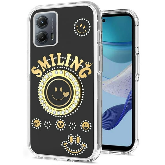 For Motorola Moto G 5G 2023 Smiling Glitter Ornament Bling Sparkle with Ring Stand Hybrid TPU Hard Back Shell Cover ,Xpm Phone Case [ Black ]