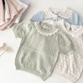 thumbnail image 2 of Cutemily-Camiseta de algodón calada de punto para niña, Top de manga corta con cuello redondo y cuello abatible, Top transpirable con bloques de Color, 2 of 5