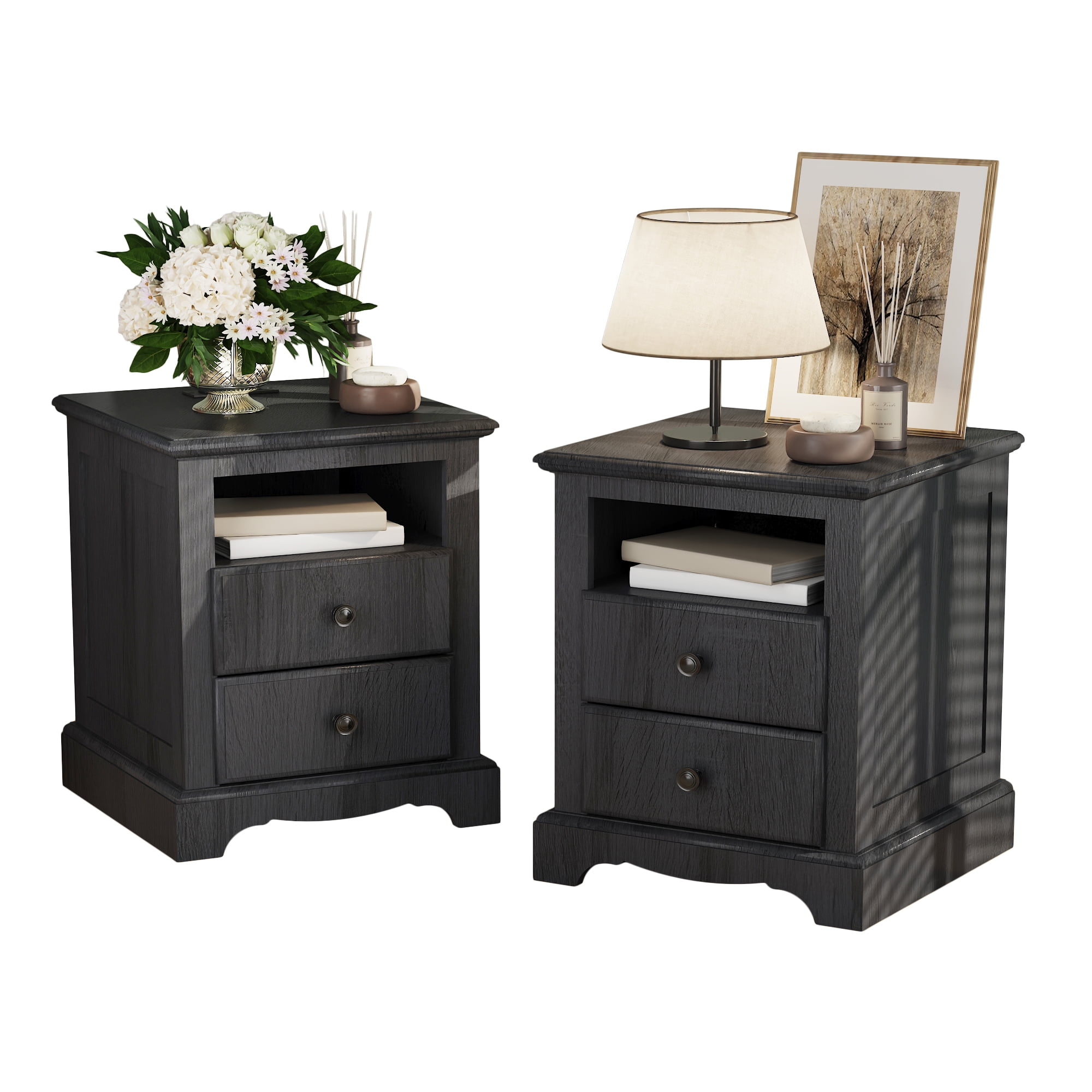 OKD Nightstand Set of 2 with Charging Station, Rustic End Table with 2 Drawers Farmhouse Side Table with 3-tier Storage Space Bedside Cabinet for Bedroom Living Room, Espresso