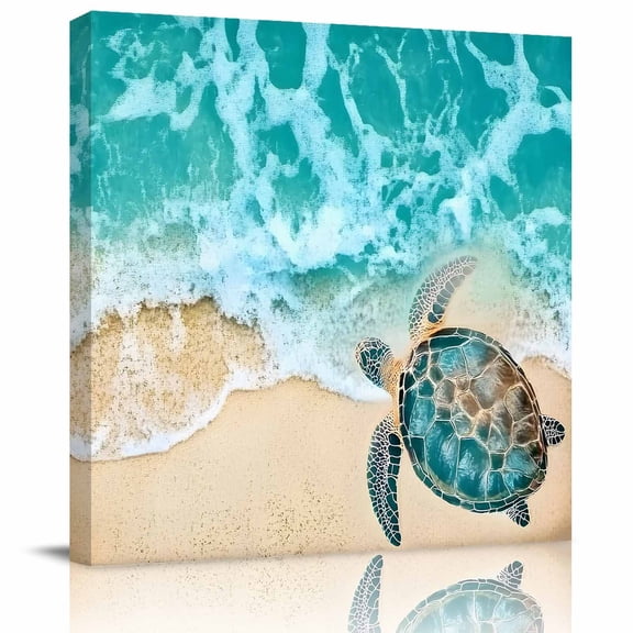 Sea turtle Summer Beach Canvas Artwork Painting Art, Ocean Blue Water Square Framed Wall Decorations Prints Picture for Bedroom Kitchen Living Room, 12x12 in