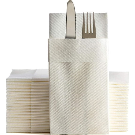 Disposable Cloth Like Napkins,Dinner Napkins Cloth with Built-in Flatware Pocket,Wedding Party White Napkin, Absorbent Disposable Napkins for Kitchen,Parties, Weddings, Dinners or Events,50 Count