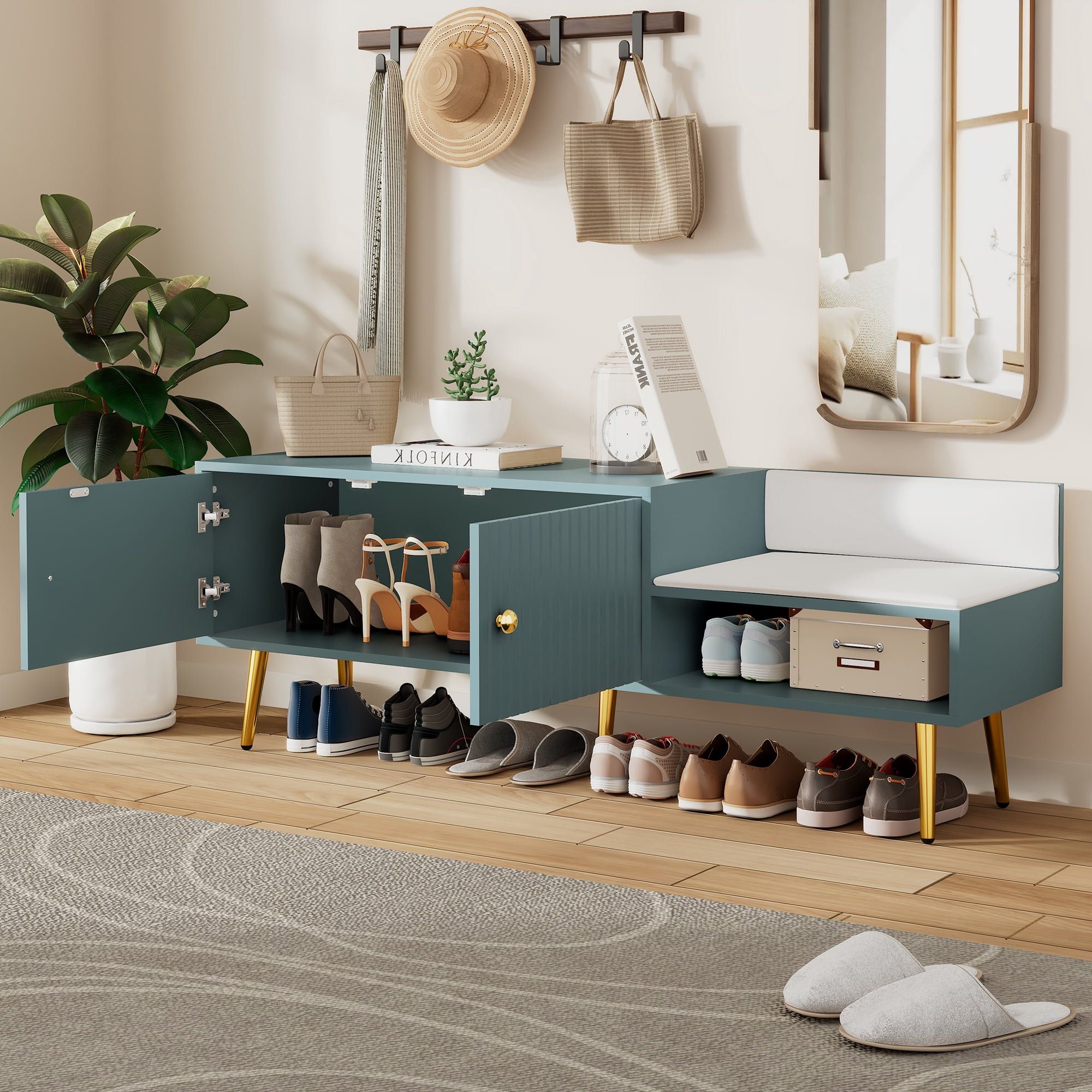 EUROCO 54.3" Shoe Storage Bench with2 Doors, Hidden Storage and Upholstered Seat Cushion,Modern Design Shoe Storage Hallway Shoe Cabinet Shoe Bench Slim Entryway Shoe Organizer for Entryway, Bedroom