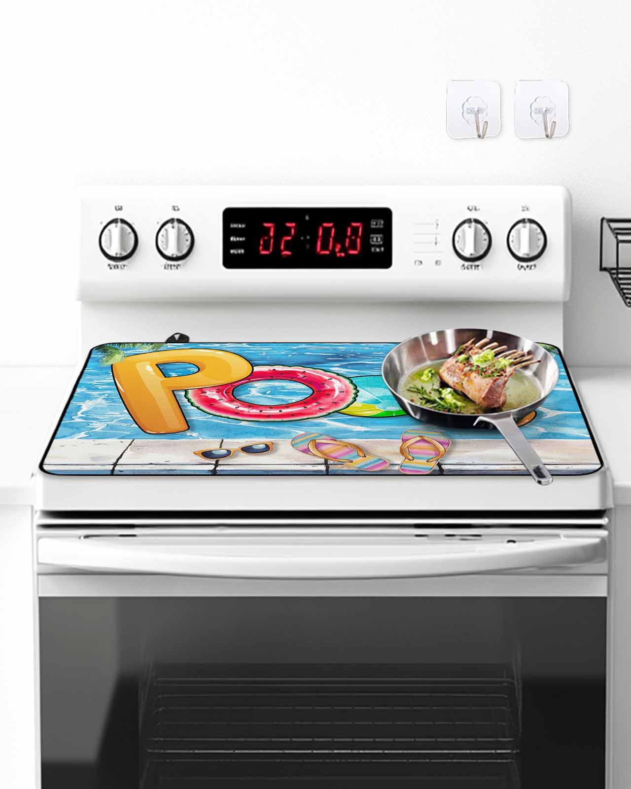 Stove Top Covers for Electric Stove 24x21 Inches, Blue Summer Pool Heat Insulation Fireproof Glass Cooktop Protector, Watermelon Swimming Ring Slippers Countertop Stovetop Cover for Kitchen